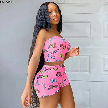 CM.YAYA Streetwear Butterfly Print Women Strapless Crop Top Shorts Pants Suit Active Wear Tracksuit Two Piece Set Fitness Outfit