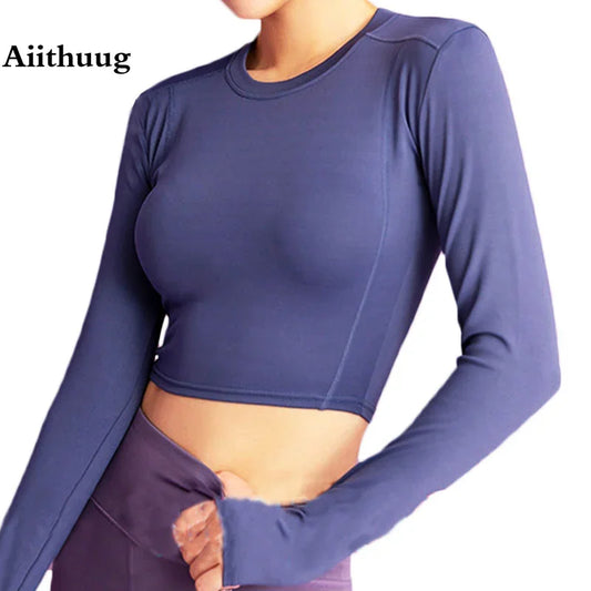 Aiithuug Yoga Shirts Long Sleeve Gym Crop Tops Fitness Workout Top Sports Gym Tops Simple Daily Shirt Midriff Active Wear Crops