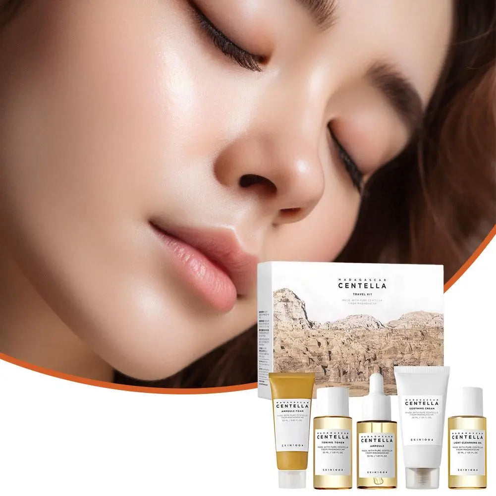 Centella Asiatica Daily Face Day and Night Skin Care Set Cleanser Toner Essence Sunscreen Travel Portable Skin Care Set