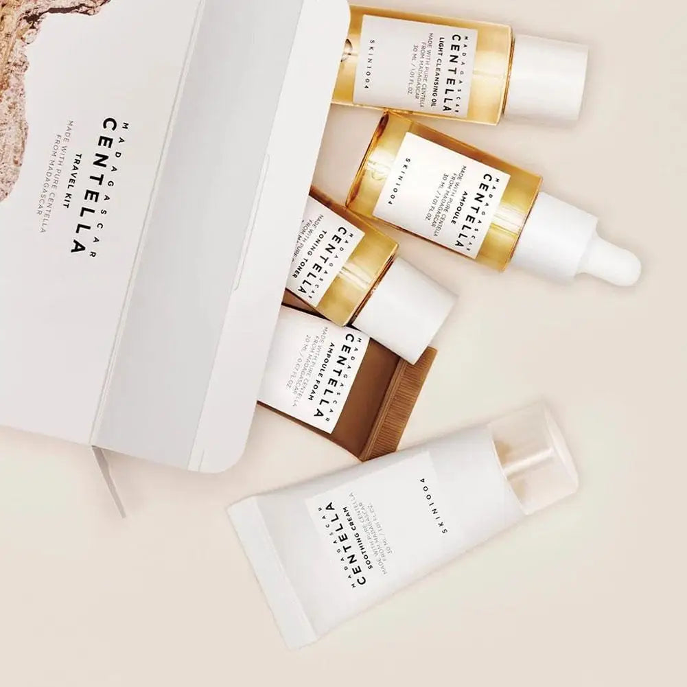 Centella Asiatica Daily Face Day and Night Skin Care Set Cleanser Toner Essence Sunscreen Travel Portable Skin Care Set