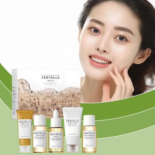 Centella Asiatica Daily Face Day and Night Skin Care Set Cleanser Toner Essence Sunscreen Travel Portable Skin Care Set