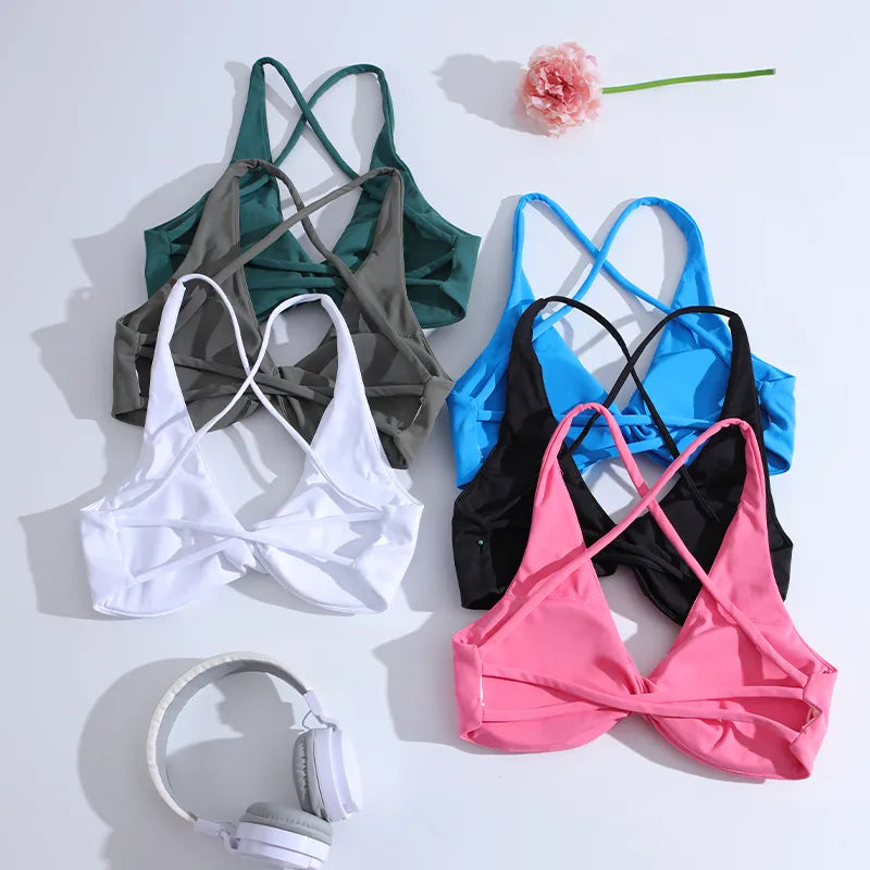 CHRLEISURE Cross Back Sport Bra Pleated Design Fitness Underwear Women Naked Feeling Athletic Tank Top Sexy Hollow Workout Vest