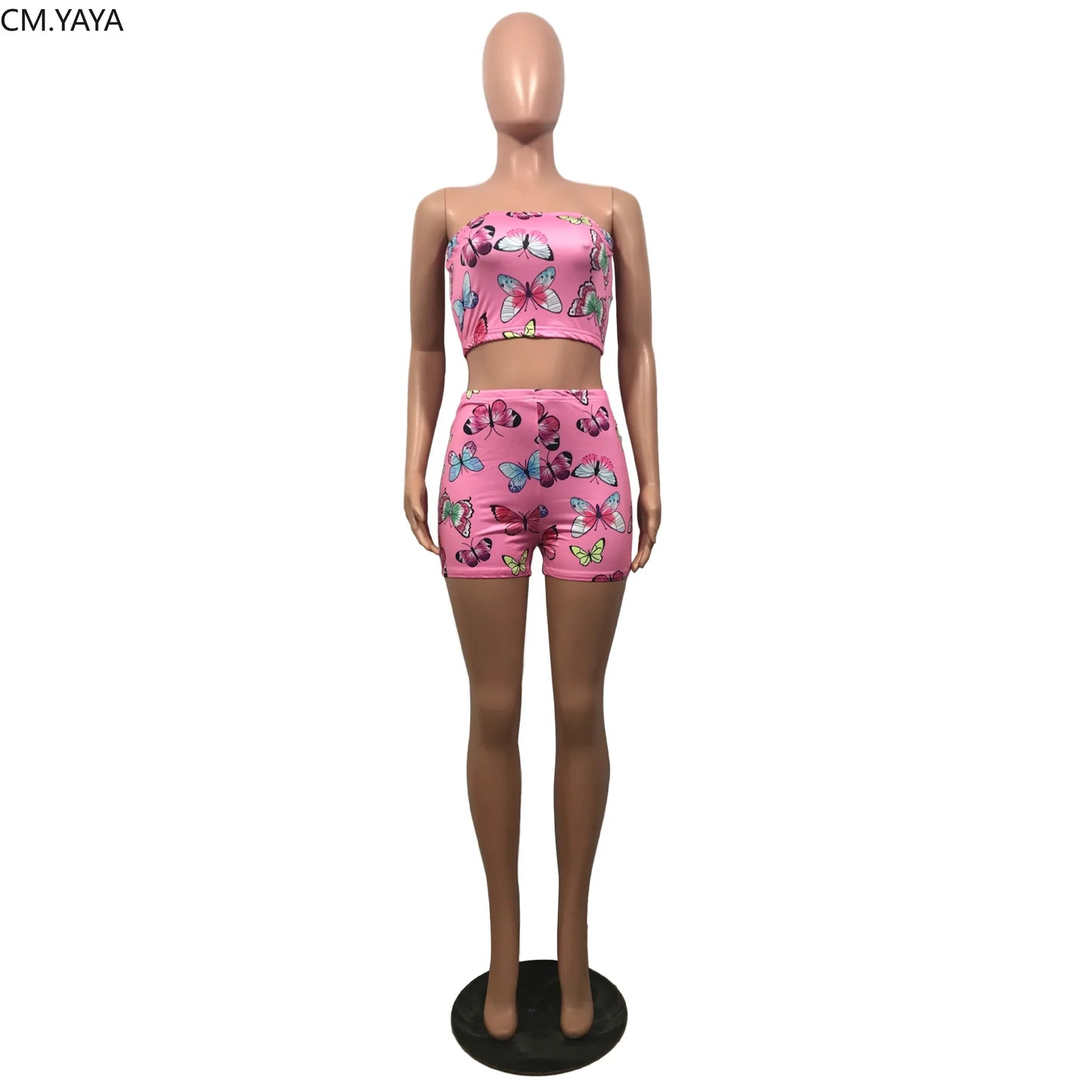 CM.YAYA Streetwear Butterfly Print Women Strapless Crop Top Shorts Pants Suit Active Wear Tracksuit Two Piece Set Fitness Outfit