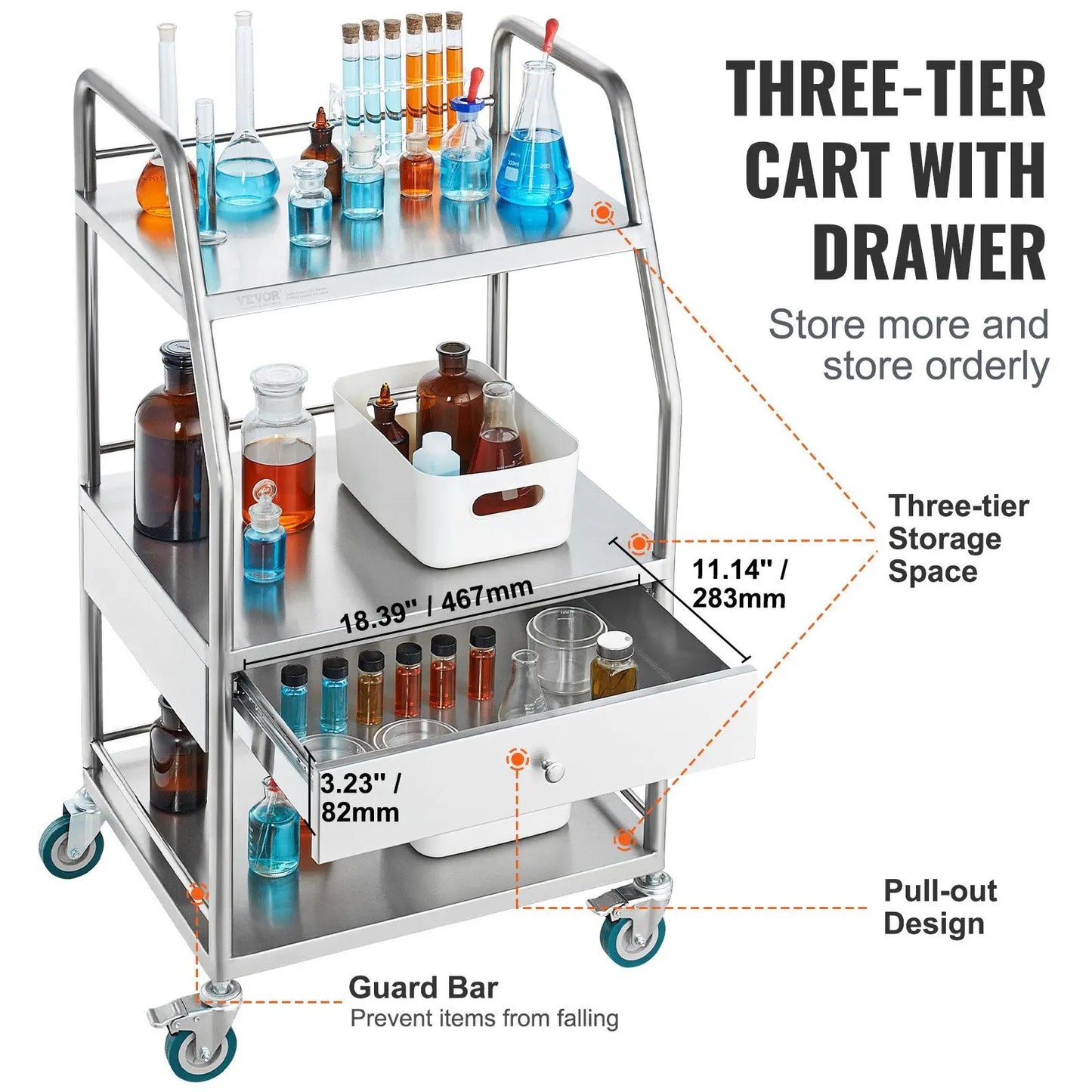 Lab Utility Cart with 3 Layers Stainless Steel Medical Cart Drawer Dental Lockable Rolling Wheels for Hospital Laboratory Use