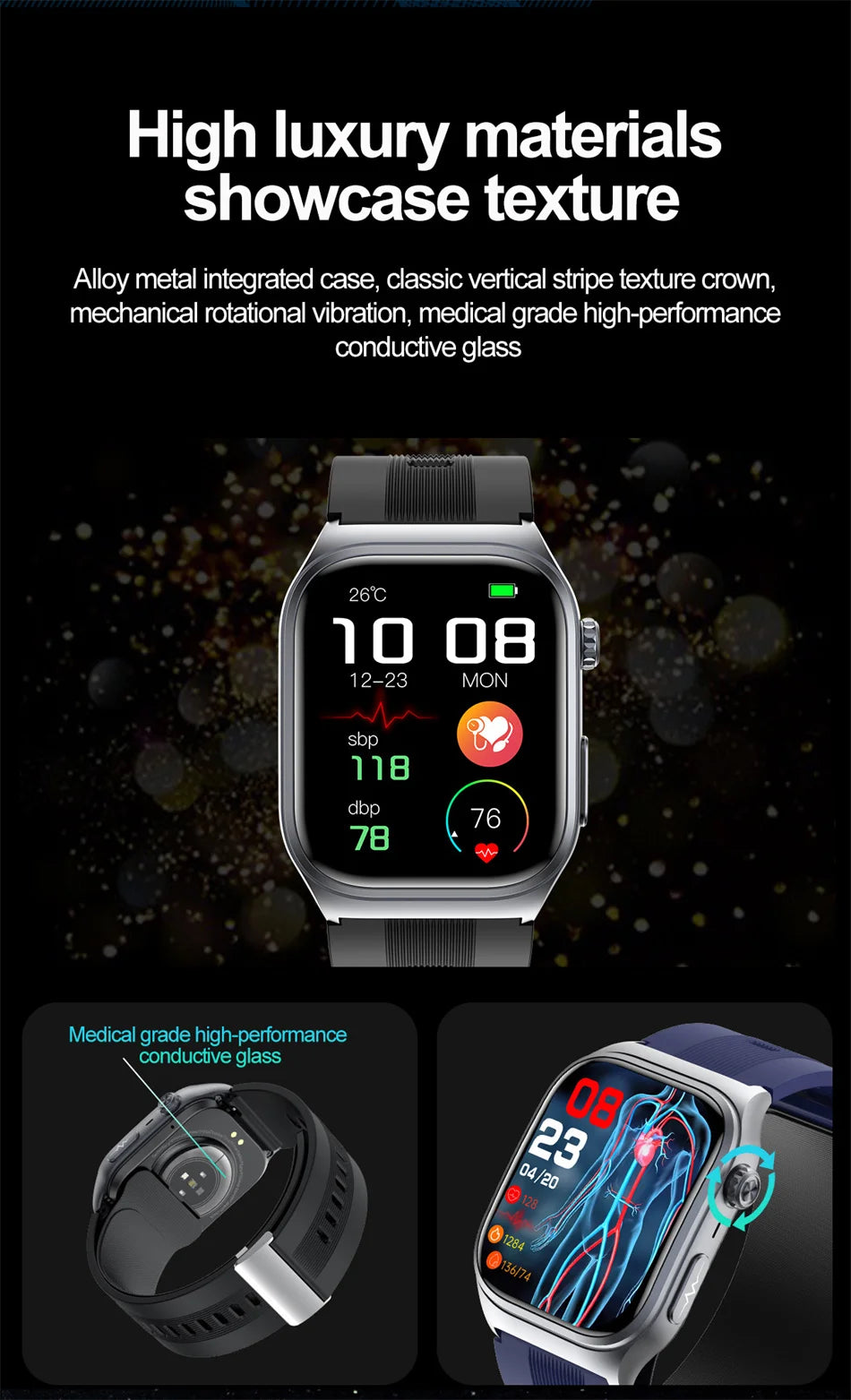 2025 New Health Monitor Smart Watch Blood Pressure Lipid Uric Acid ECG NFC Body Temperature Bluetooth Call Health Smartwatch