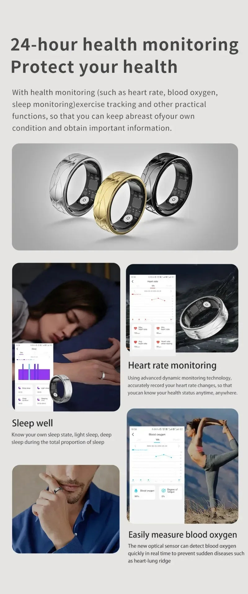 Smart Ring Health Monitoring IP68&5ATM Waterproof for Women Men Multi-sport Modes Bluetooth Sleep Tracker Finger Ring for Photo