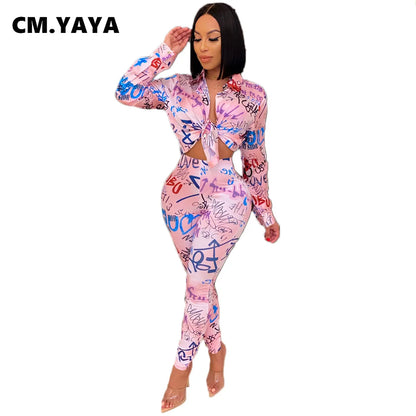 CM.YAYA Autumn Letter Leaf Print Women's Set Blouses Shirt Legging Pants Suit Active Wear Tracksuit Two Piece Set Fitness Outfit