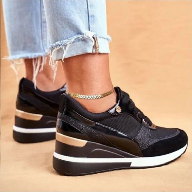 Women Sport Shoes Fashion Mixed Colors Casual Sneakers Wedge Heel Ladies Vulcanized Shoes Lace-Up Walking Running Shoes 2023