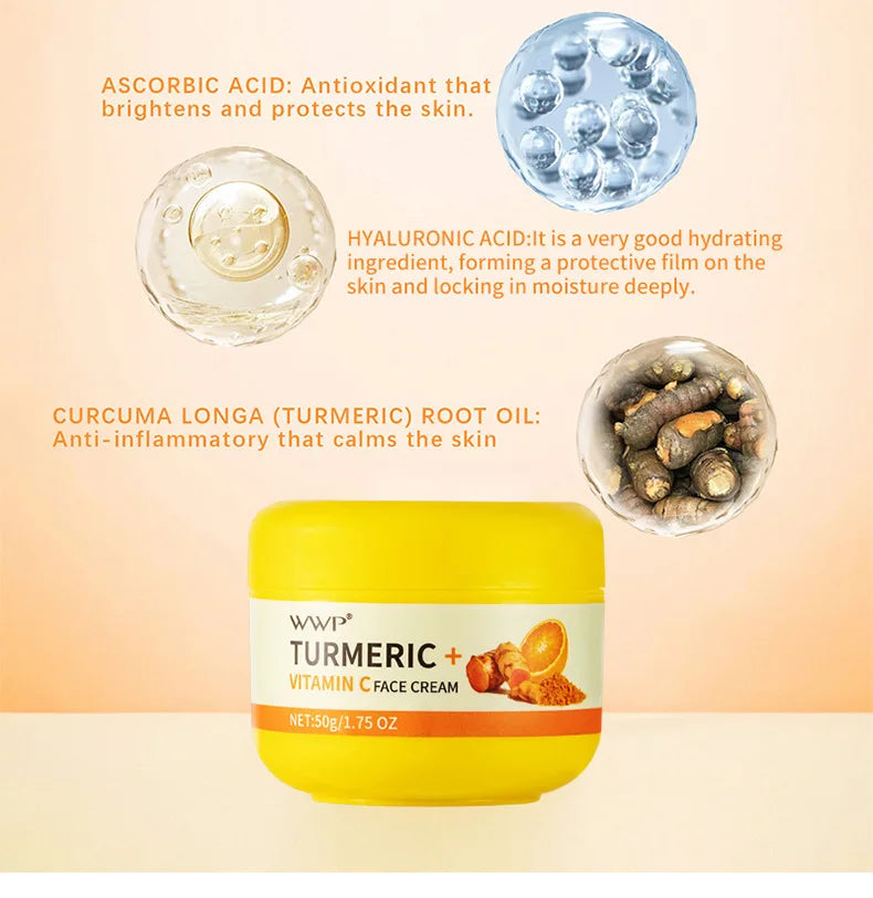 Turmeric Face Cream Strong Whitening Vitamin C Cream Brighten Skin Tone Reduce Dark Spots Lighten Moisturizing Cream Facial 50g