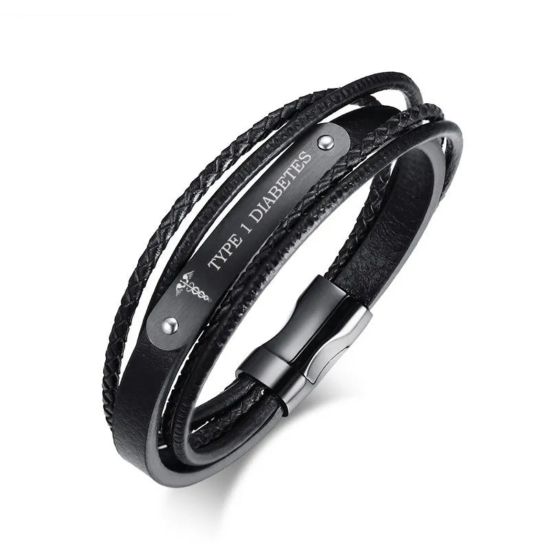 Black Genuine Leather Wristband Bracelet Men Jewelry Personalized Custom Engraving Medical DIABETES 8.3" Multilayer Braided