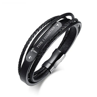 Black Genuine Leather Wristband Bracelet Men Jewelry Personalized Custom Engraving Medical DIABETES 8.3" Multilayer Braided