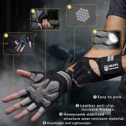 Half Finger Gym Fitness Gloves with Wrist Wrap Support for Men Women Crossfit Workout Power Weight Lifting Equipment