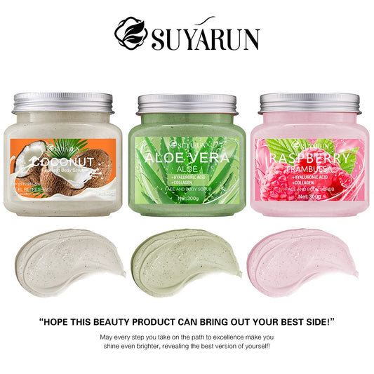 SUYARUN Natural Exfoliating Body Scrub - Raspberry/Aloe/Coconut, Moisturizing Dead Skin Removal, 3 Flavor for Smooth Skin.
