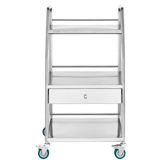 Lab Utility Cart with 3 Layers Stainless Steel Medical Cart Drawer Dental Lockable Rolling Wheels for Hospital Laboratory Use