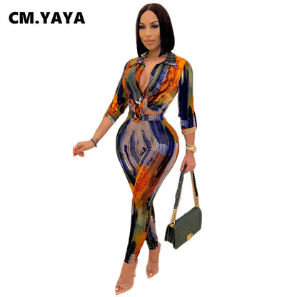 CM.YAYA Autumn Letter Leaf Print Women's Set Blouses Shirt Legging Pants Suit Active Wear Tracksuit Two Piece Set Fitness Outfit