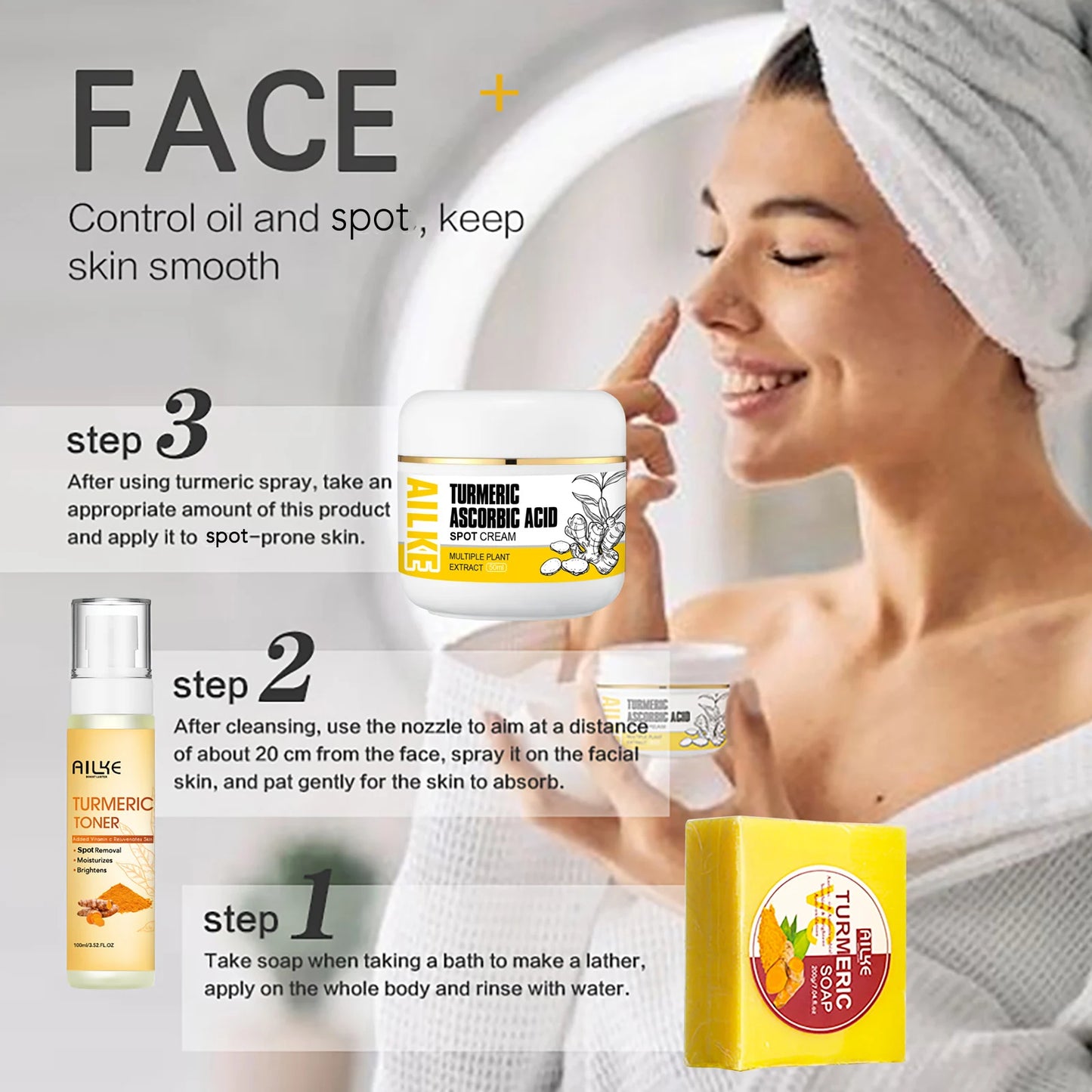 AILKE Natural Turmeric Skin Care Range, Lightening, Cleaning Skin, Moisturizes, Remove Acne and Pimples, Refining Pores