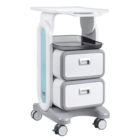 3 Tiers White ABS Material Mobile Medical Lab Cart 2 Drawers 1 Top Tray 4 Silent Wheels for Clinic Hospital Salon Office Storage