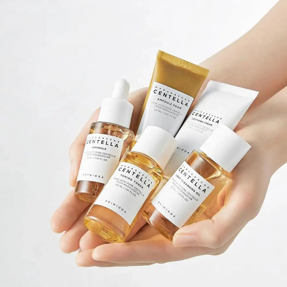 Centella Asiatica Daily Face Day and Night Skin Care Set Cleanser Toner Essence Sunscreen Travel Portable Skin Care Set