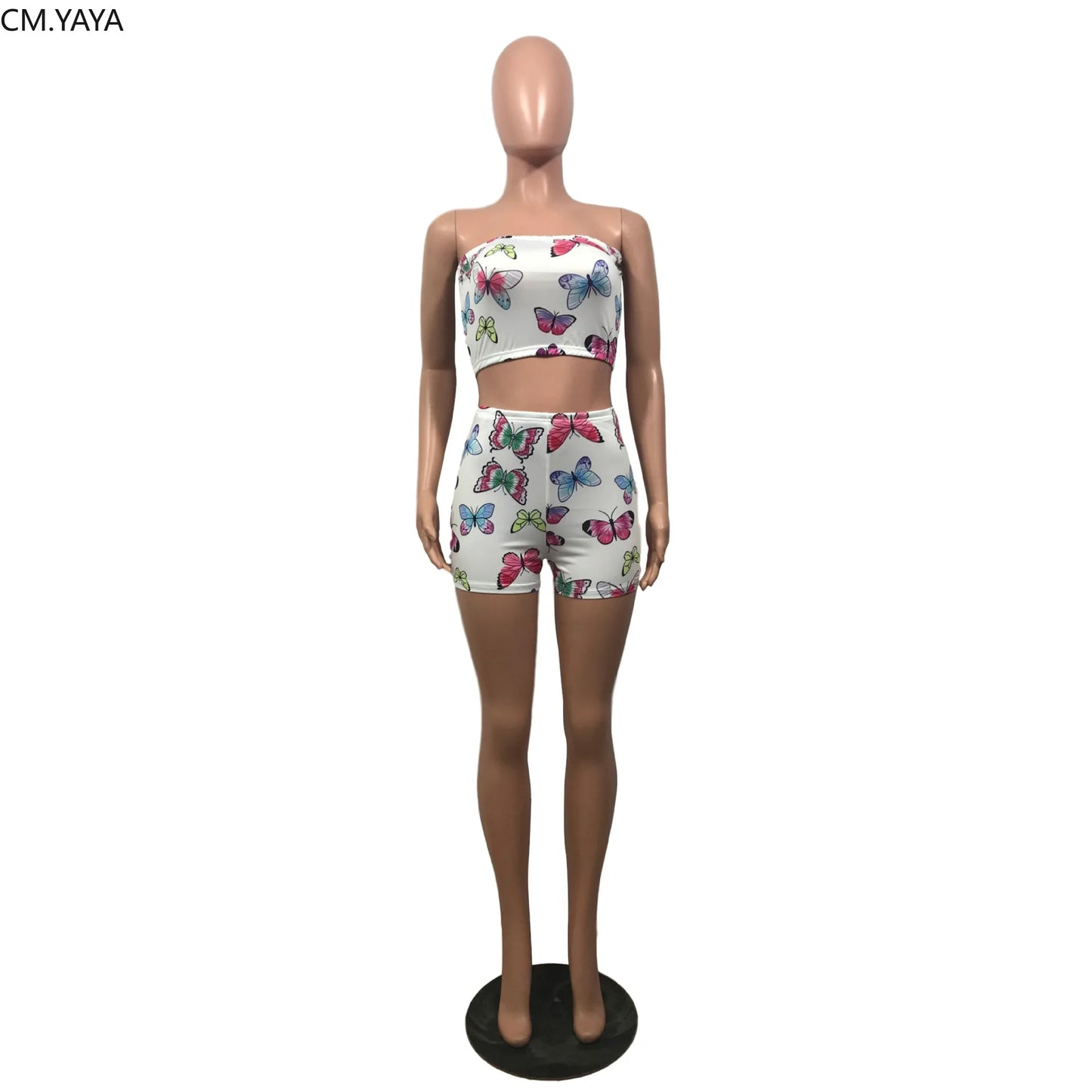 CM.YAYA Streetwear Butterfly Print Women Strapless Crop Top Shorts Pants Suit Active Wear Tracksuit Two Piece Set Fitness Outfit