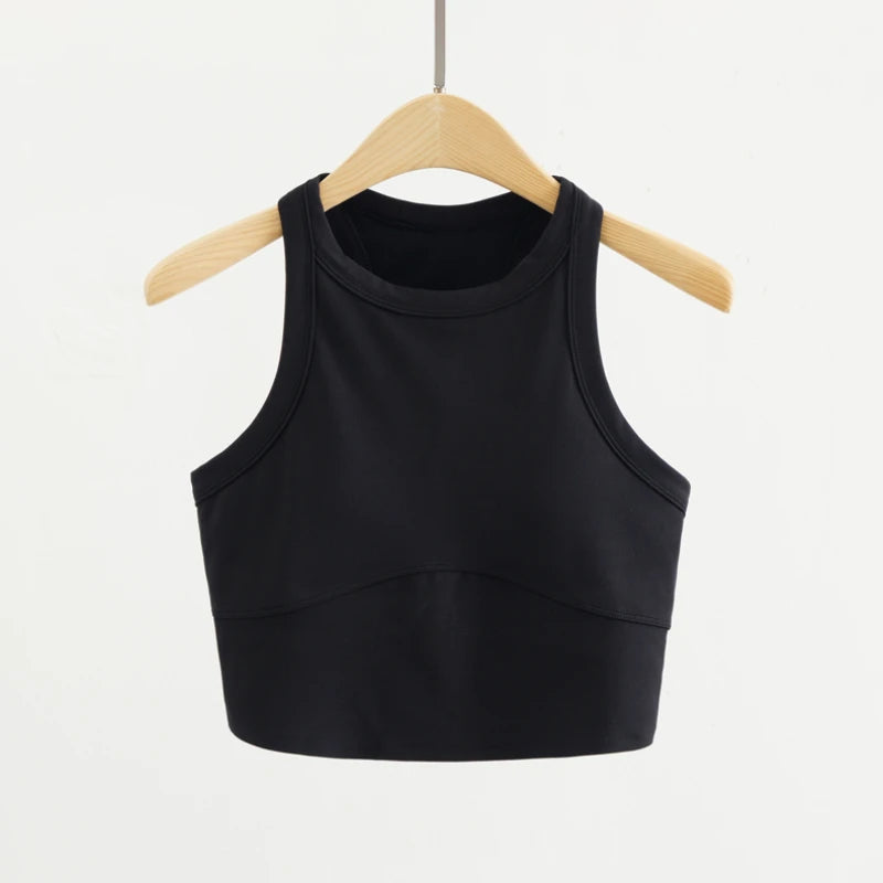 Women High Neck Lycra Sports Vest Medium Support Sweat-wicking Yoga Crop Top Racerback Gym Running Yoga Built in Bra Tops