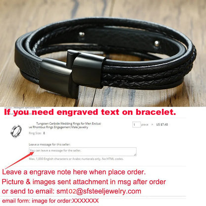 Black Genuine Leather Wristband Bracelet Men Jewelry Personalized Custom Engraving Medical DIABETES 8.3" Multilayer Braided