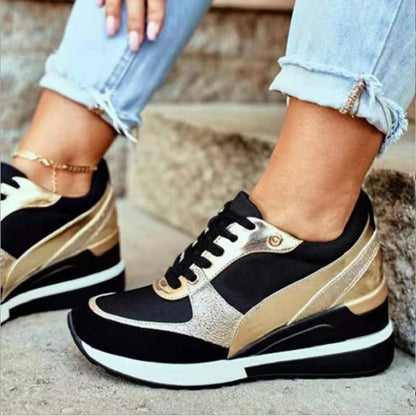 Women Sport Shoes Fashion Mixed Colors Casual Sneakers Wedge Heel Ladies Vulcanized Shoes Lace-Up Walking Running Shoes 2023