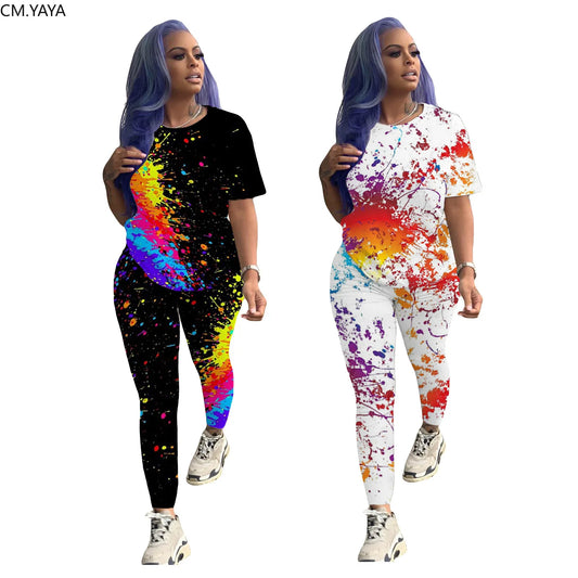 CM.YAYA Active Wear Women Painted Print Two Piece Set Short Sleeve Tee Tops Pencil Long Pants Suit Sweatsuit Tracksuit Outfit