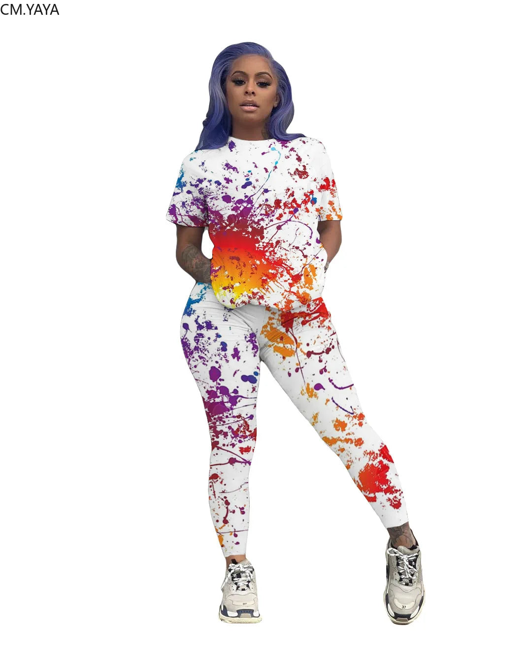 CM.YAYA Active Wear Women Painted Print Two Piece Set Short Sleeve Tee Tops Pencil Long Pants Suit Sweatsuit Tracksuit Outfit