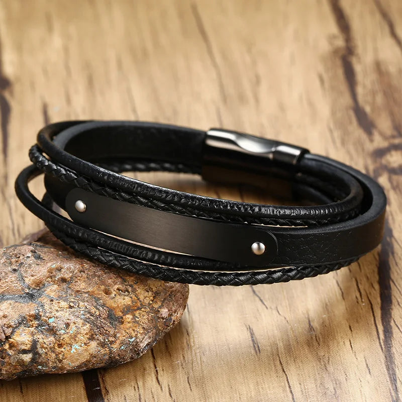 Black Genuine Leather Wristband Bracelet Men Jewelry Personalized Custom Engraving Medical DIABETES 8.3" Multilayer Braided