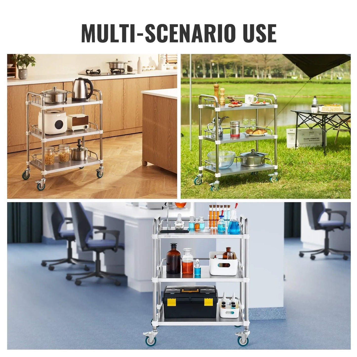 Lab Rolling Cart, 3-Shelf Stainless Steel Rolling Cart, Lab Serving Cart with Swivel Casters, Dental Utility Cart for Clinic, La