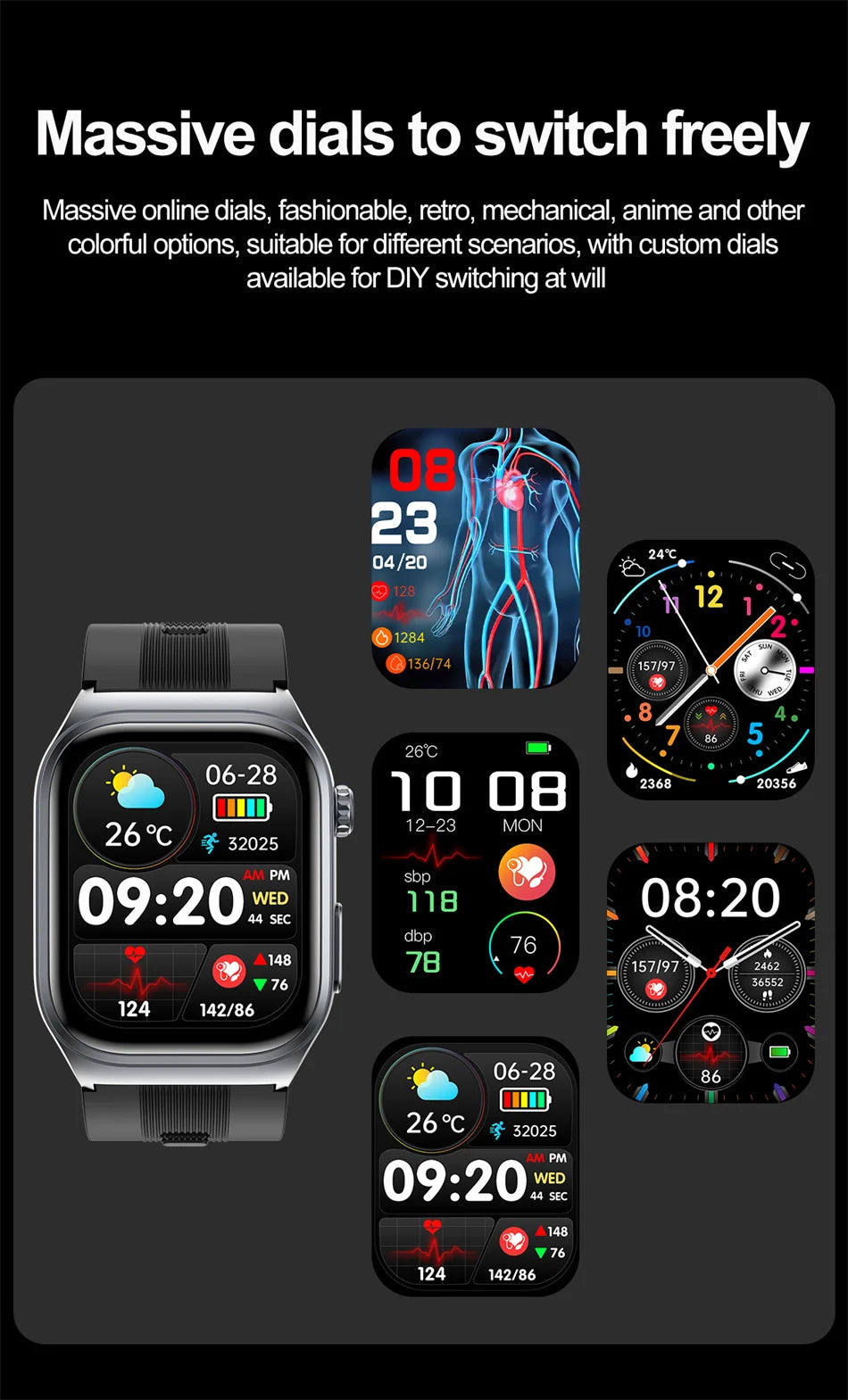2025 New Health Monitor Smart Watch Blood Pressure Lipid Uric Acid ECG NFC Body Temperature Bluetooth Call Health Smartwatch