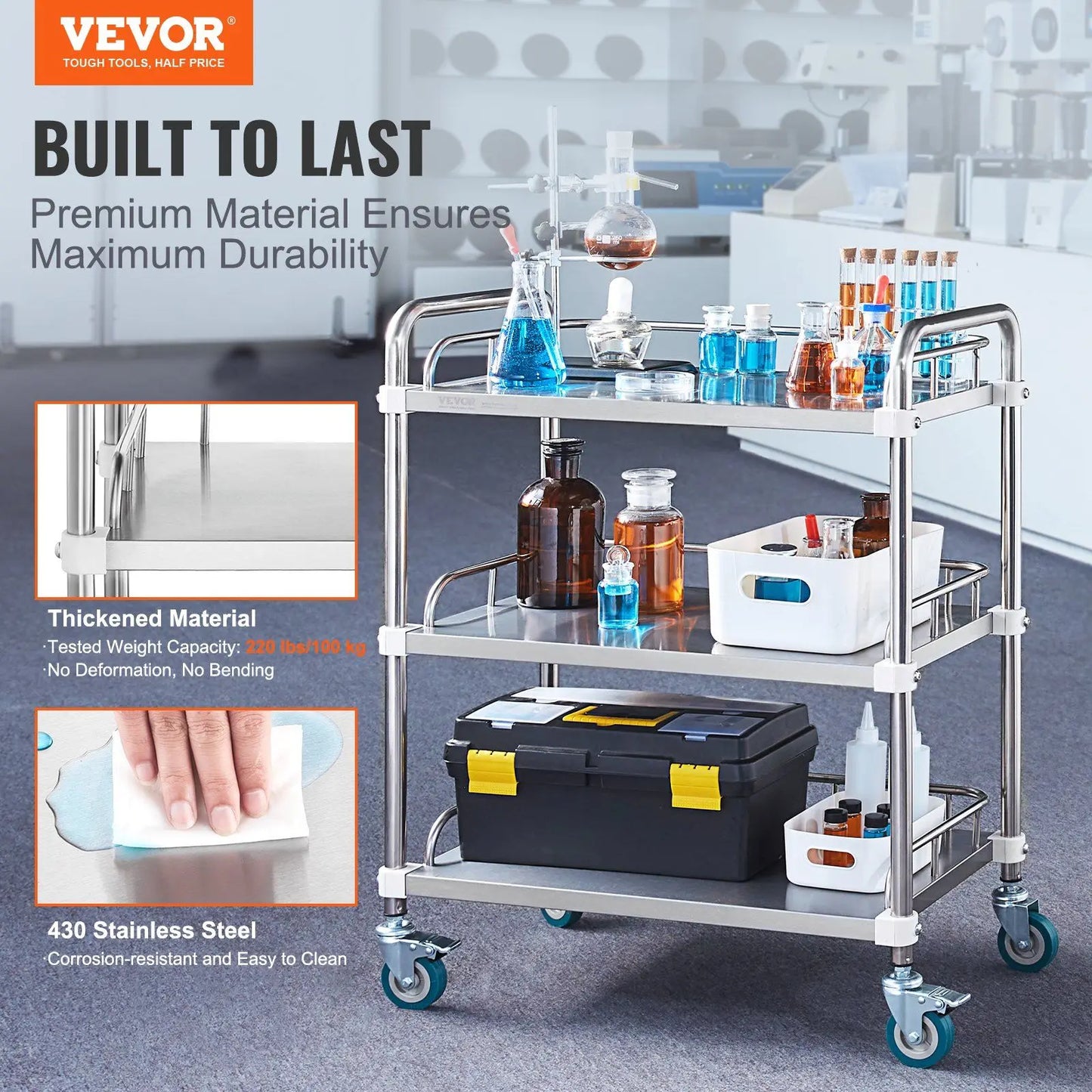 Lab Rolling Cart, 3-Shelf Stainless Steel Rolling Cart, Lab Serving Cart with Swivel Casters, Dental Utility Cart for Clinic, La