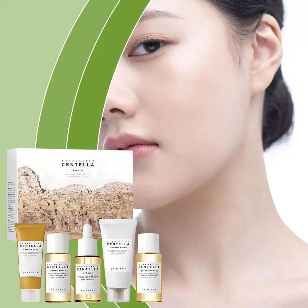 Centella Asiatica Daily Face Day and Night Skin Care Set Cleanser Toner Essence Sunscreen Travel Portable Skin Care Set
