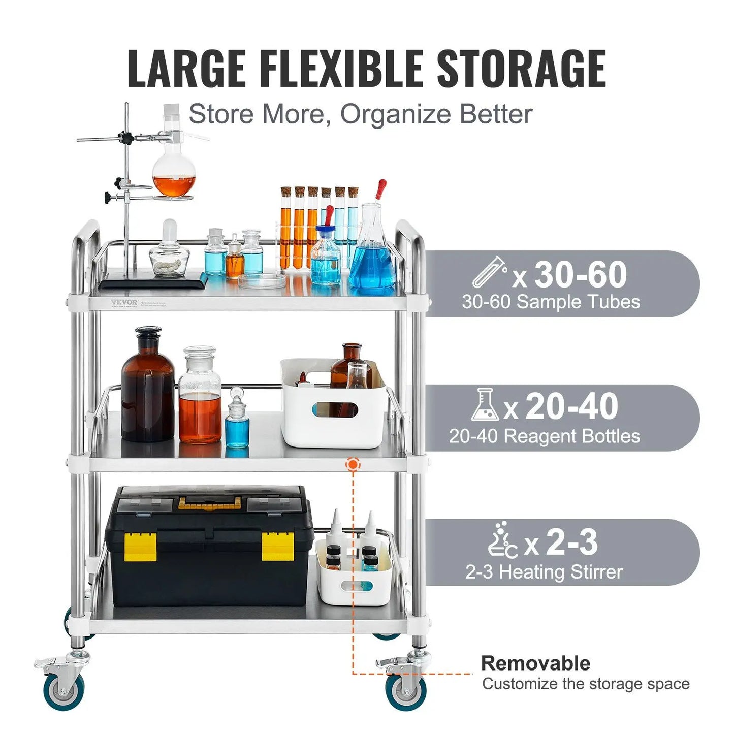 Lab Rolling Cart, 3-Shelf Stainless Steel Rolling Cart, Lab Serving Cart with Swivel Casters, Dental Utility Cart for Clinic, La