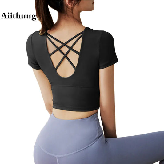 Aiithuug Yoga Short Sleeve with Build-in Cup Yoga Crop Tops Gym Crops Pilates Workout Top Fitness Active Wear Crisscross Back