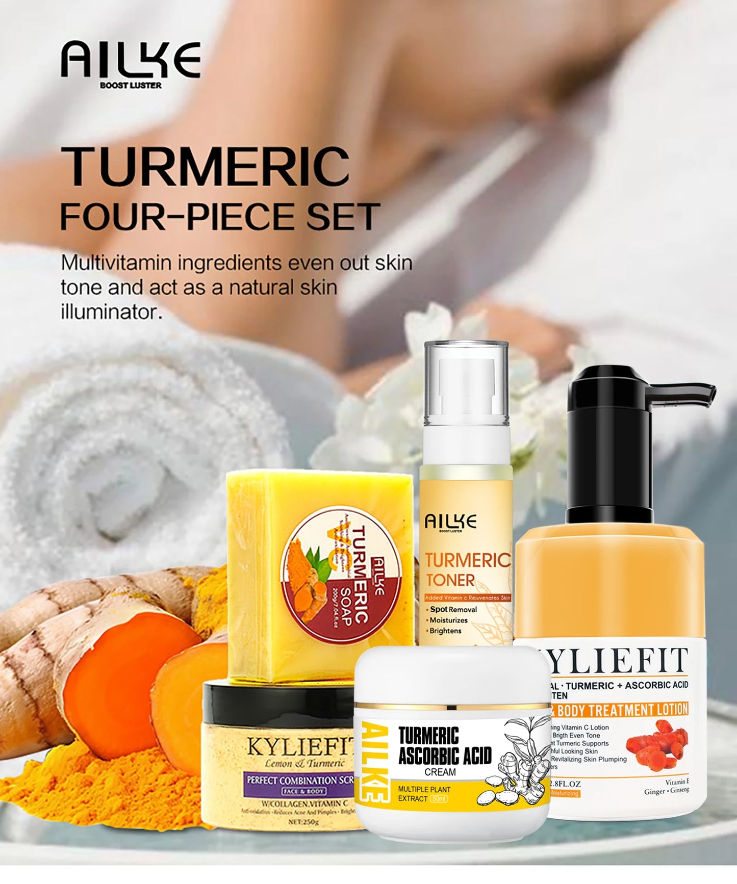 AILKE Natural Turmeric Skin Care Range, Lightening, Cleaning Skin, Moisturizes, Remove Acne and Pimples, Refining Pores