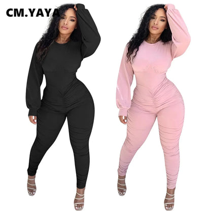 CM.YAYA Autumn Solid Stacked Jumpsuit Women Skinny Active Wear Ruched Rompers Streetwear Long Sleeve Bodycon One Piece Overalls