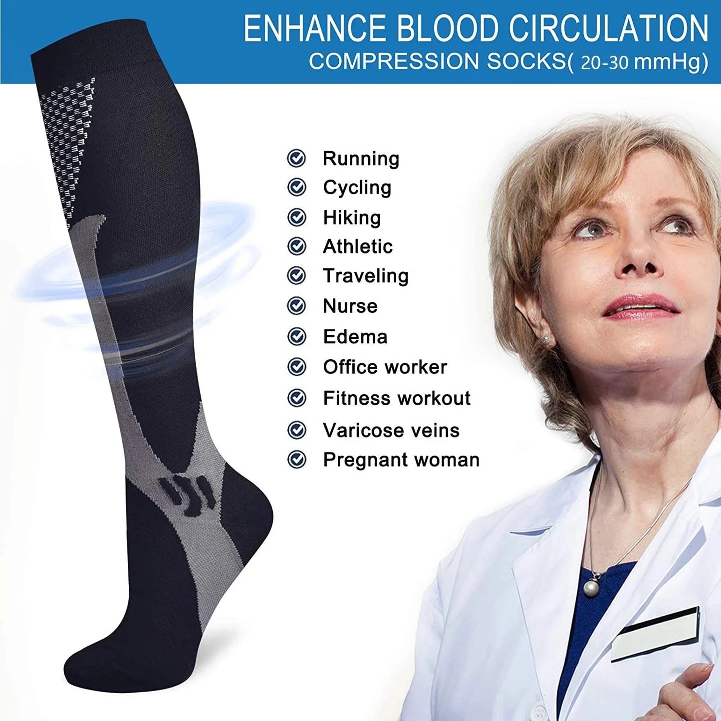 Compression Socks Running Sports Socks Medical Nursing 20-30mmhg for Flight Travel Pregnancy Edema Diabetes Varicose Veins Socks