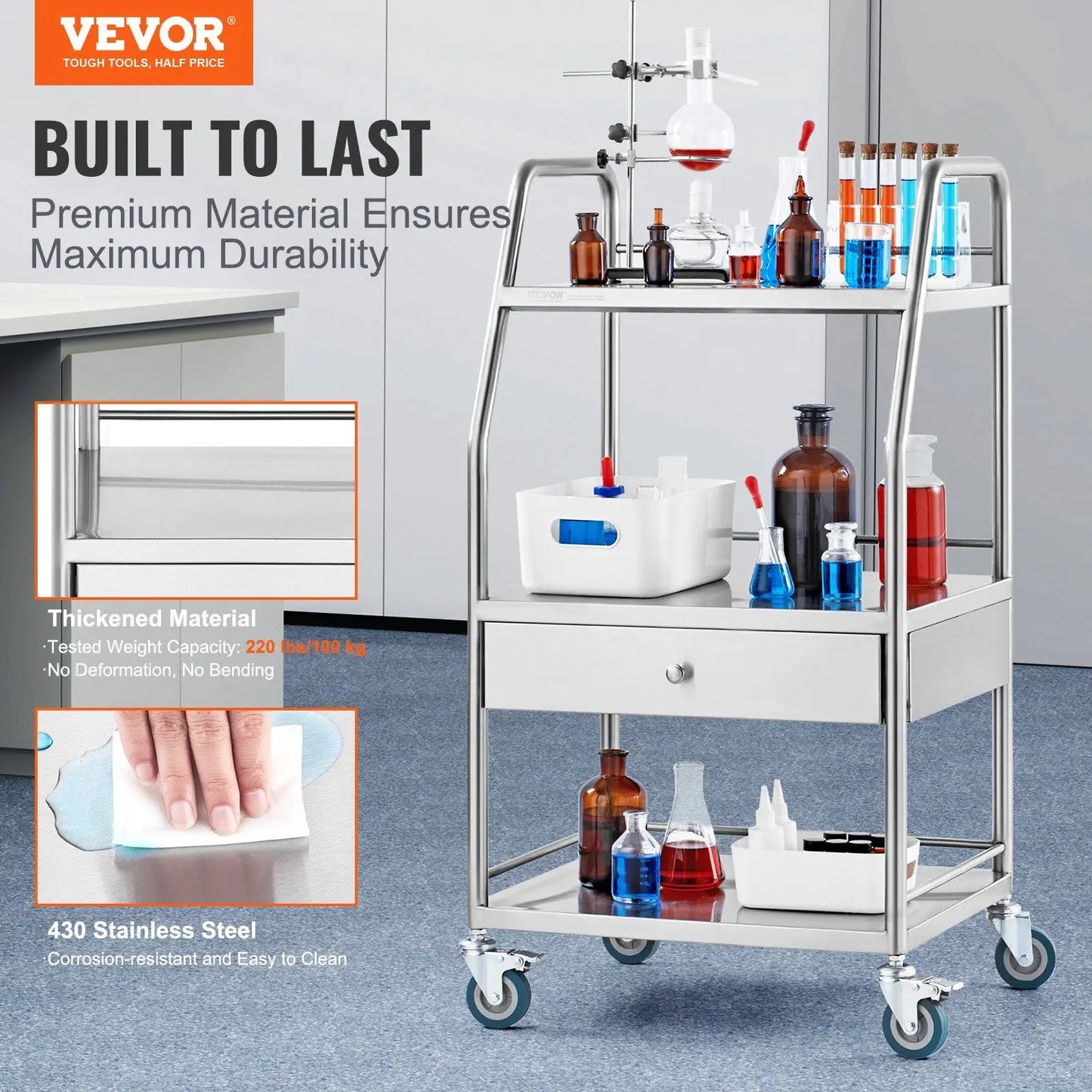 Lab Utility Cart with 3 Layers Stainless Steel Medical Cart Drawer Dental Lockable Rolling Wheels for Hospital Laboratory Use