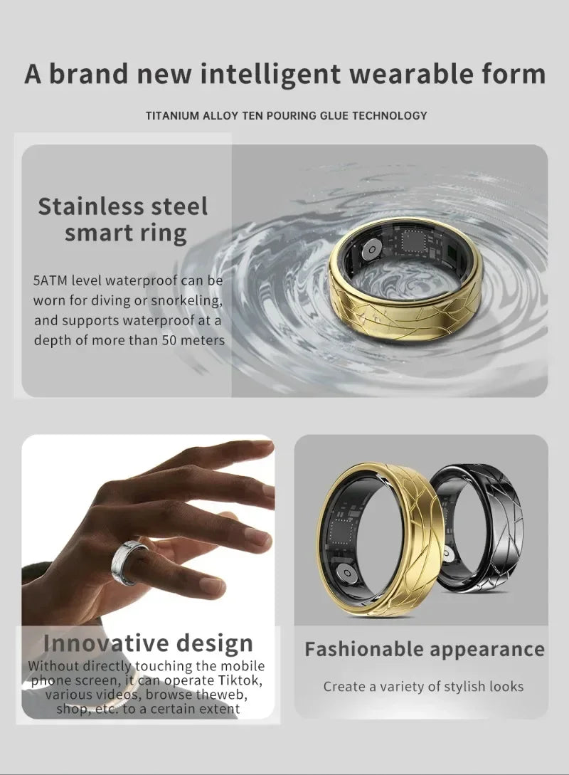 Smart Ring Health Monitoring IP68&5ATM Waterproof for Women Men Multi-sport Modes Bluetooth Sleep Tracker Finger Ring for Photo