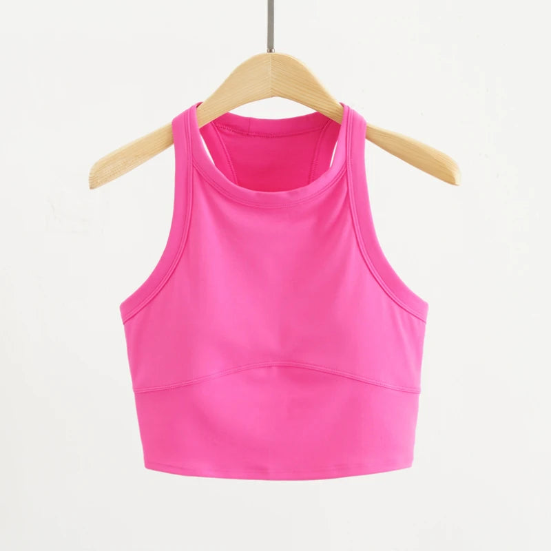 Women High Neck Lycra Sports Vest Medium Support Sweat-wicking Yoga Crop Top Racerback Gym Running Yoga Built in Bra Tops