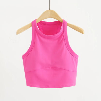 Women High Neck Lycra Sports Vest Medium Support Sweat-wicking Yoga Crop Top Racerback Gym Running Yoga Built in Bra Tops