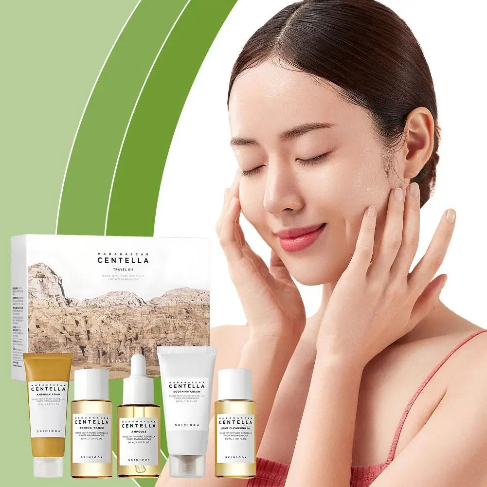 Centella Asiatica Daily Face Day and Night Skin Care Set Cleanser Toner Essence Sunscreen Travel Portable Skin Care Set