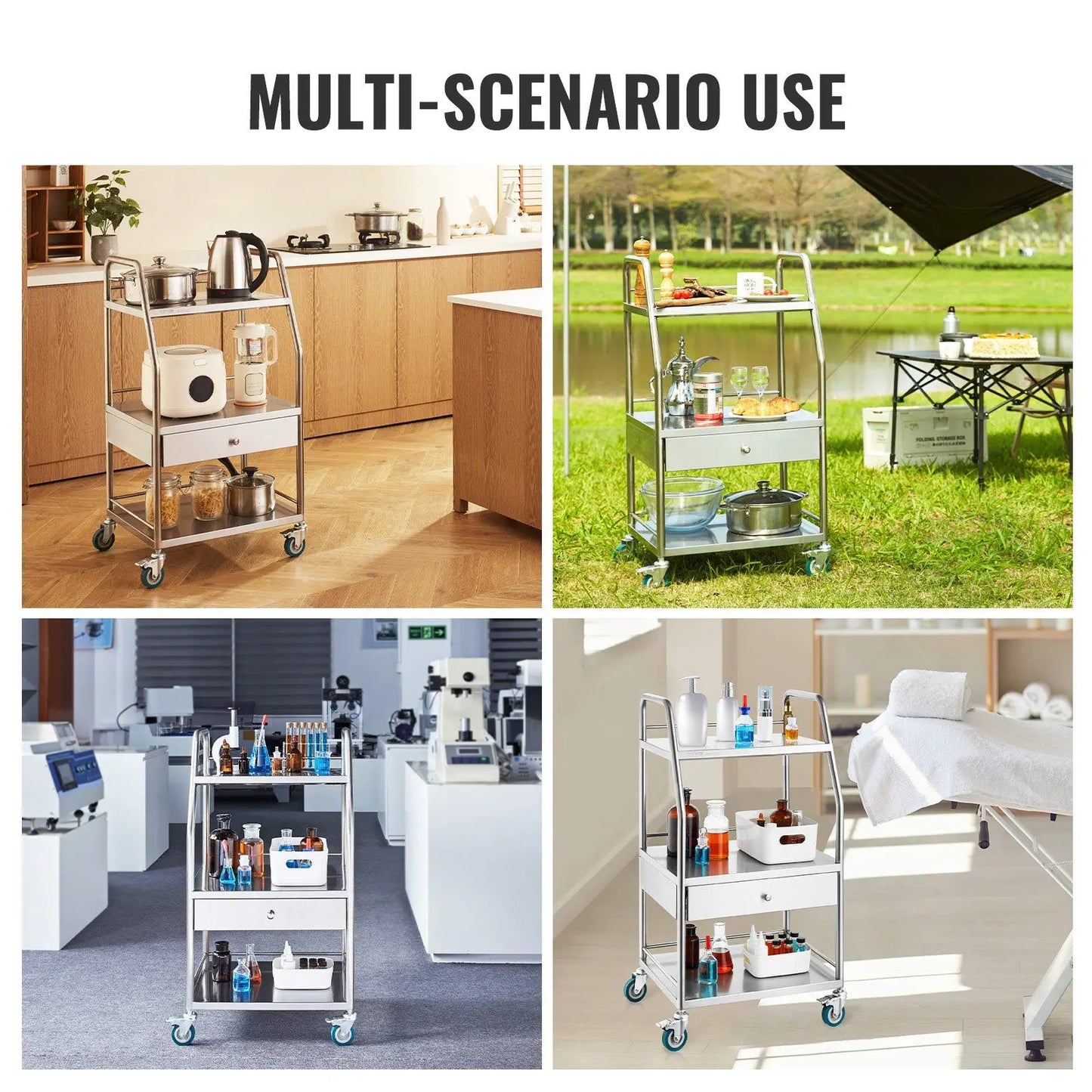 Lab Utility Cart with 3 Layers Stainless Steel Medical Cart Drawer Dental Lockable Rolling Wheels for Hospital Laboratory Use