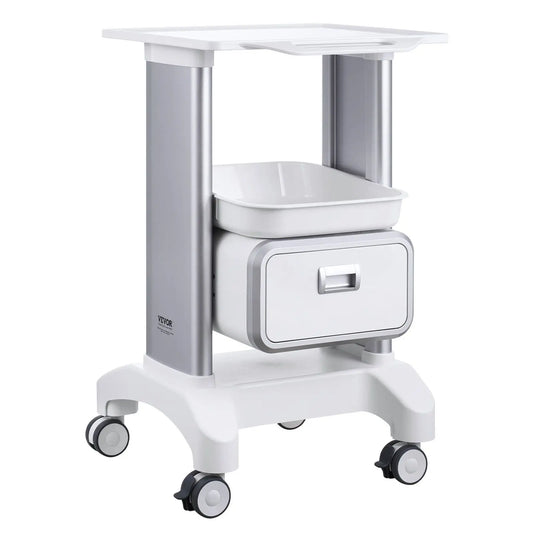 1 Drawer 1 Top Tray 2-Tier Mobile Medical Lab Rolling Cart ABS Material White Trolley Storage Cart 4 Silent Wheels for Hospital