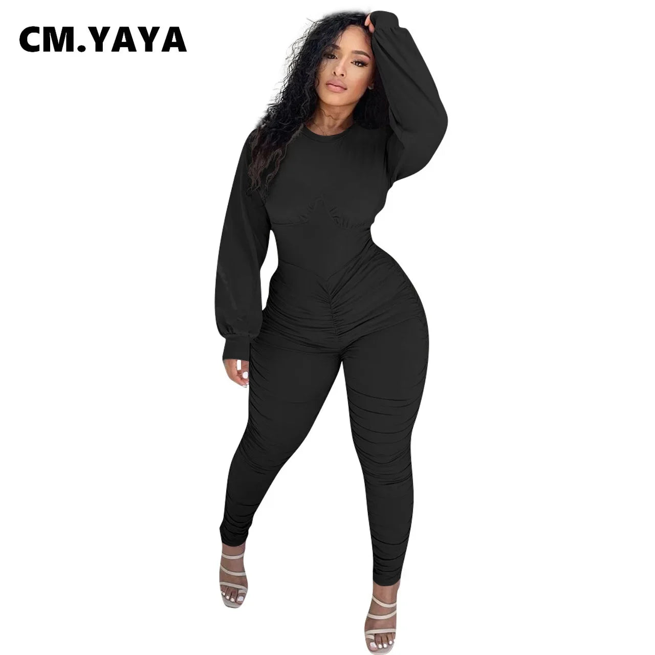 CM.YAYA Autumn Solid Stacked Jumpsuit Women Skinny Active Wear Ruched Rompers Streetwear Long Sleeve Bodycon One Piece Overalls