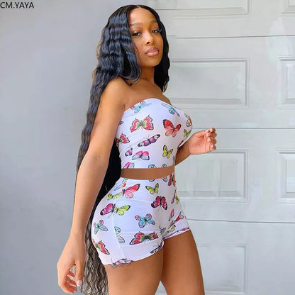 CM.YAYA Streetwear Butterfly Print Women Strapless Crop Top Shorts Pants Suit Active Wear Tracksuit Two Piece Set Fitness Outfit