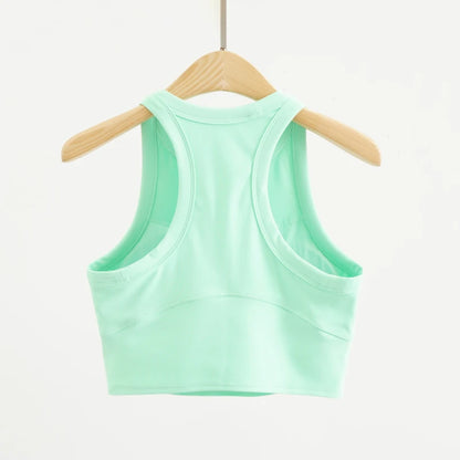Women High Neck Lycra Sports Vest Medium Support Sweat-wicking Yoga Crop Top Racerback Gym Running Yoga Built in Bra Tops