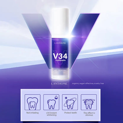 V34 Pro Reduce Yellowing Oral Clean Care Easy Smile Purple Corrector Teeth Whitening Toothpaste Enamel Care Removal Plaque Stain