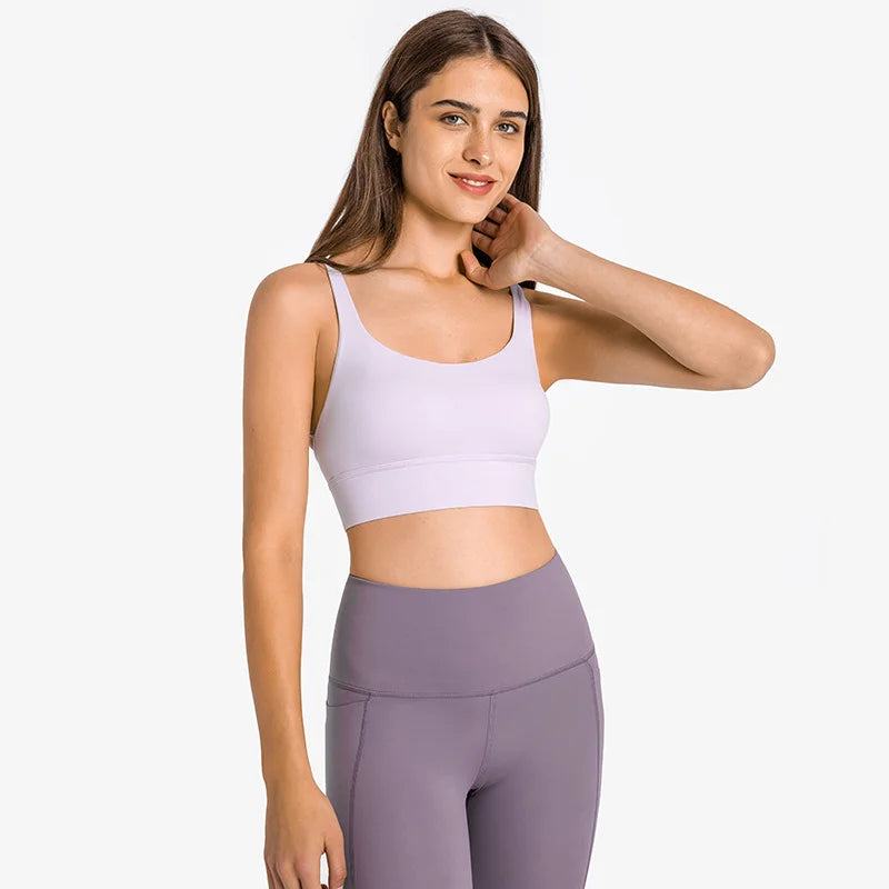 With Logo Soft Wide Hem Sports Bras For Women Crisscross Back Padded Sport Brassiere Medium Support Workout Running Yoga Bra Top